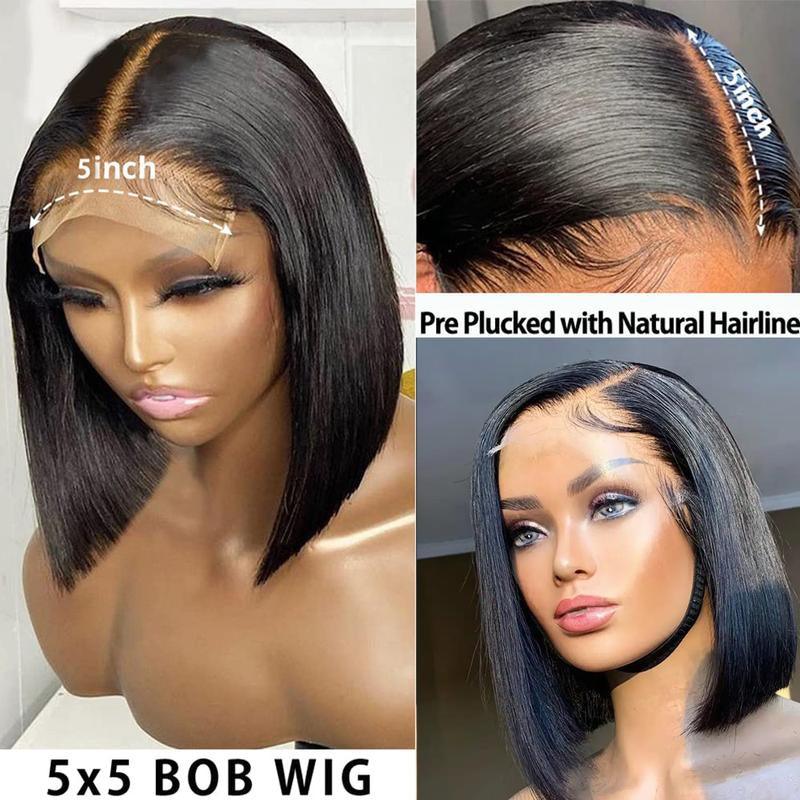 Karlami Hair 5X5 Closure Bob Wig Human Hair Bone Straight Short Bob Wig Glueless Wigs Transparent Lace Wig Pre Plucked for Women 150% Density Brazilian Wigs Side Part Bob Wig