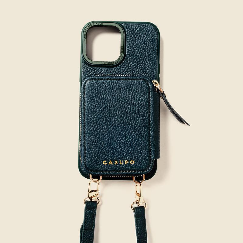 Casupo Green Leather Iphone Case and Wallet with Crossbody Strap. Iphone 13, 14, 15 Pro and Pro Max Accessories Durable