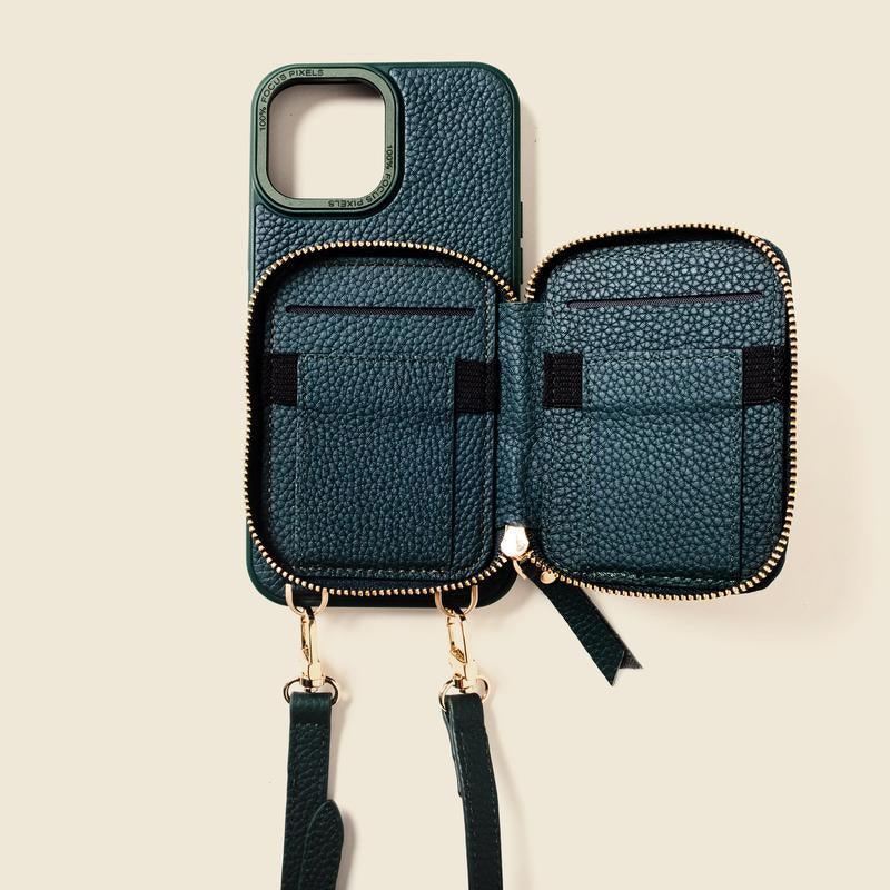 Casupo Green Leather Iphone Case and Wallet with Crossbody Strap. Iphone 13, 14, 15 Pro and Pro Max Accessories Durable